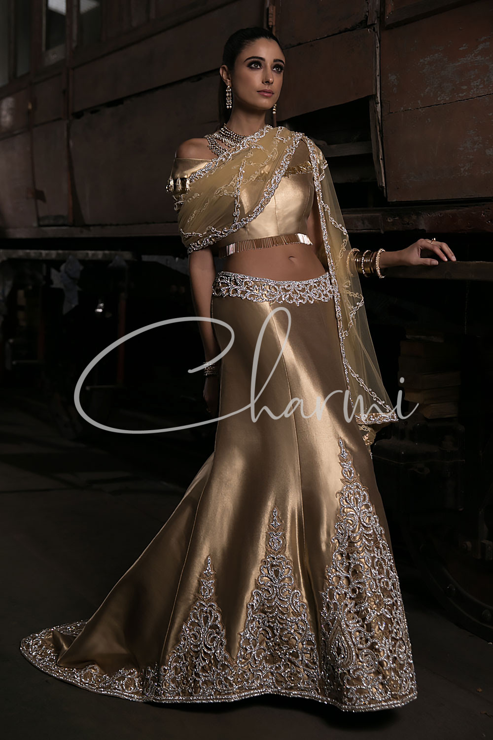 Gold Fusion Lehenga with Trail - Asian Wedding Dresses