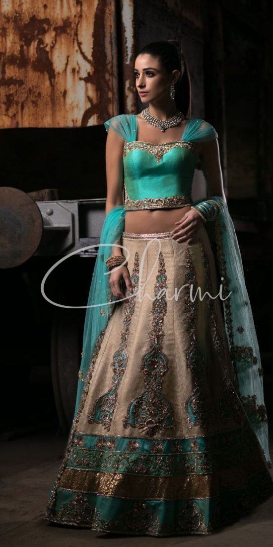 Gold Brocade Blue Raw Silk Lehenga for Reception