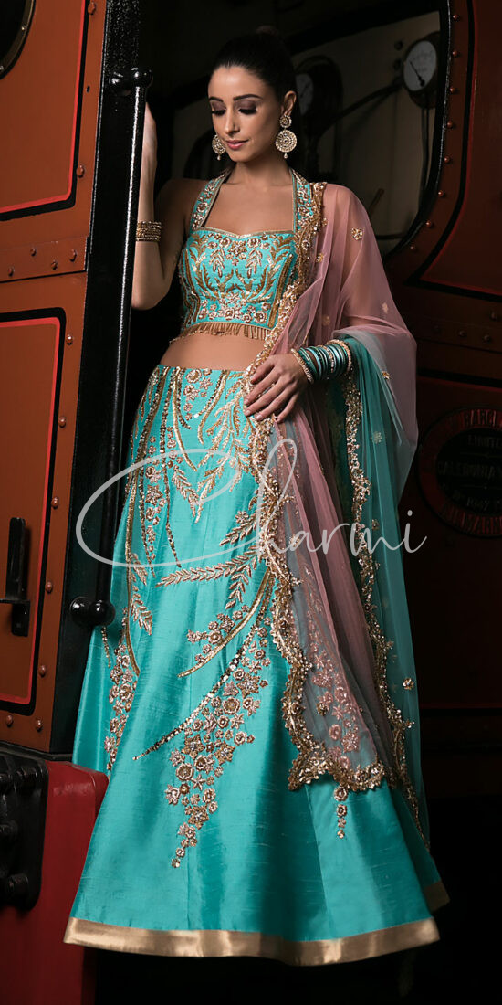 Blue Halter Neck Designer Lehenga