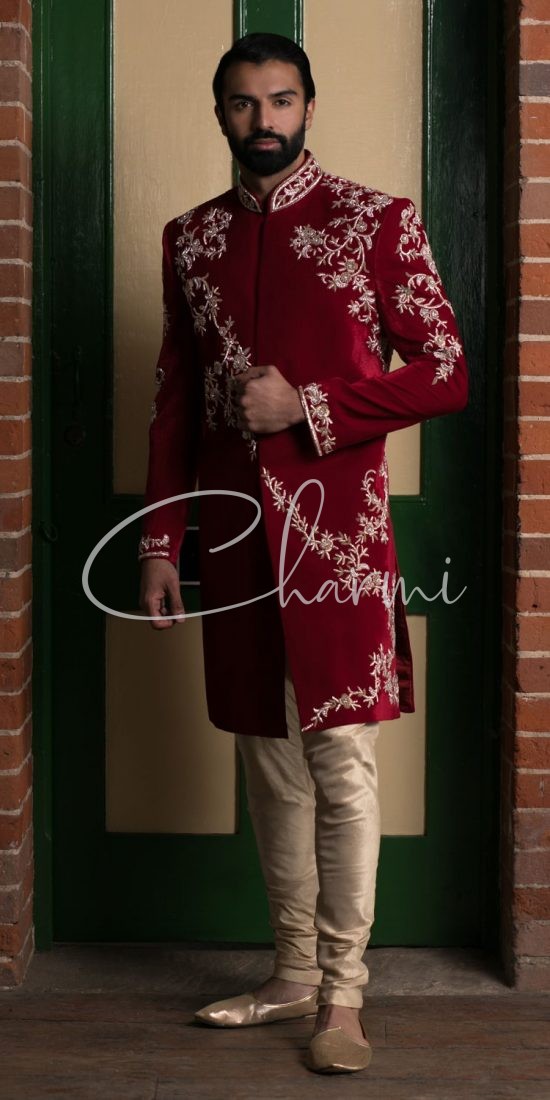 Red Velvet Fusion Grooms Sherwani