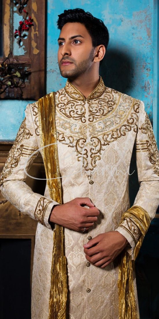 Gold Brocade Fusion Sherwani for Groom