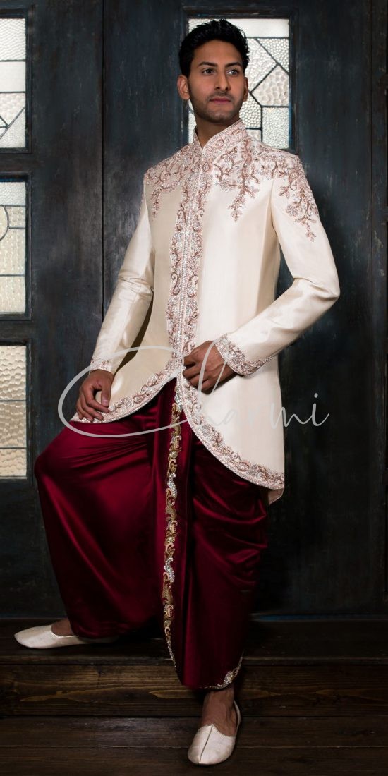 Ivory Silk Short Jacket with Red Dhoti - Asian Grooms Wear
