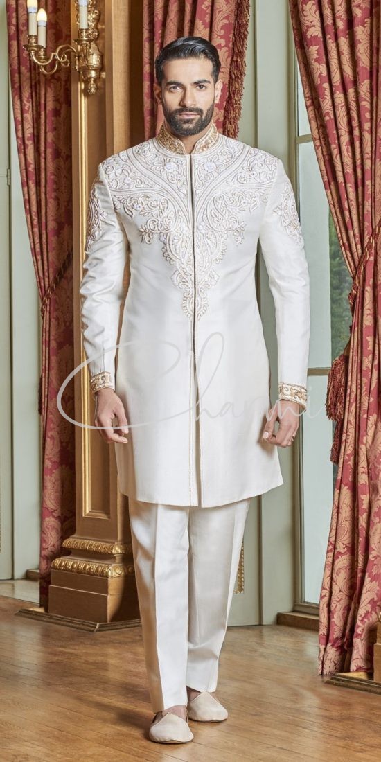 Off White Raw Silk Fusion Sherwani for Groom