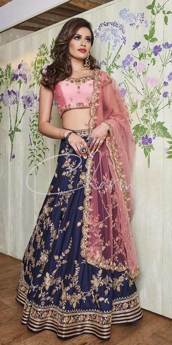 Navy Blue & Pink Reception Party Wear Lehenga