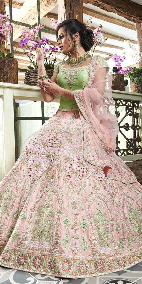Baby Pink & Green Diamond Cutwork Lehenga - Indian Bridal Wedding Wear