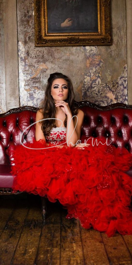 RED RUFFLED FUSION BRIDAL WEDDING GOWN