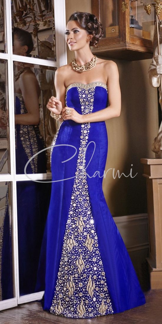 Blue Velvet Reception Wedding Gown with a Trail