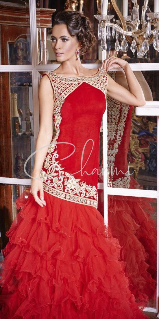Red Ruffled Fusion Reception Party Dress