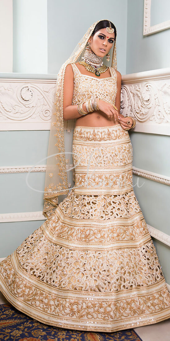 Ivory & Gold Cut work Fusion Bridal Wear