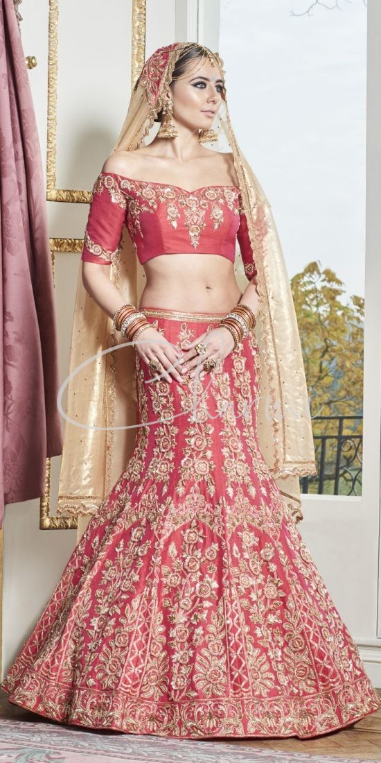 Coral Raw Silk Indian Lengha