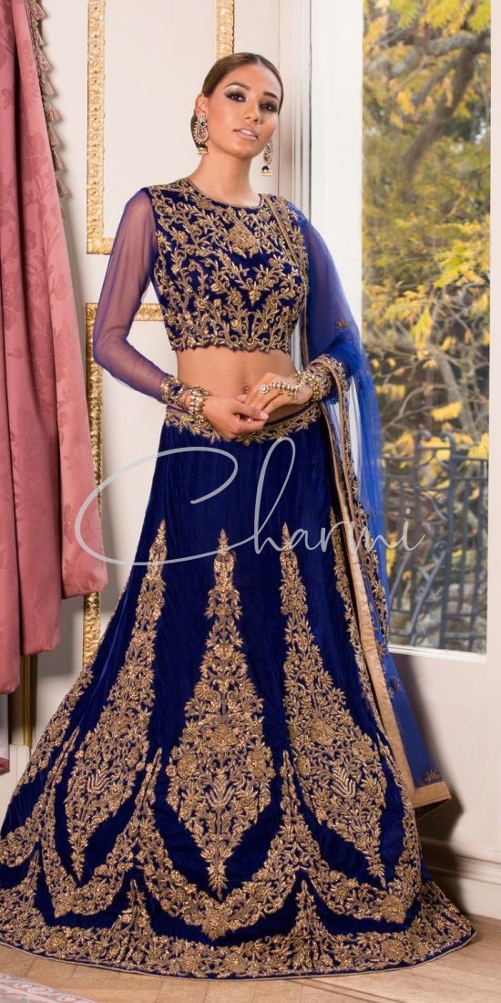 Traditional Navy Blue Velvet Lehenga - Indian Outfit