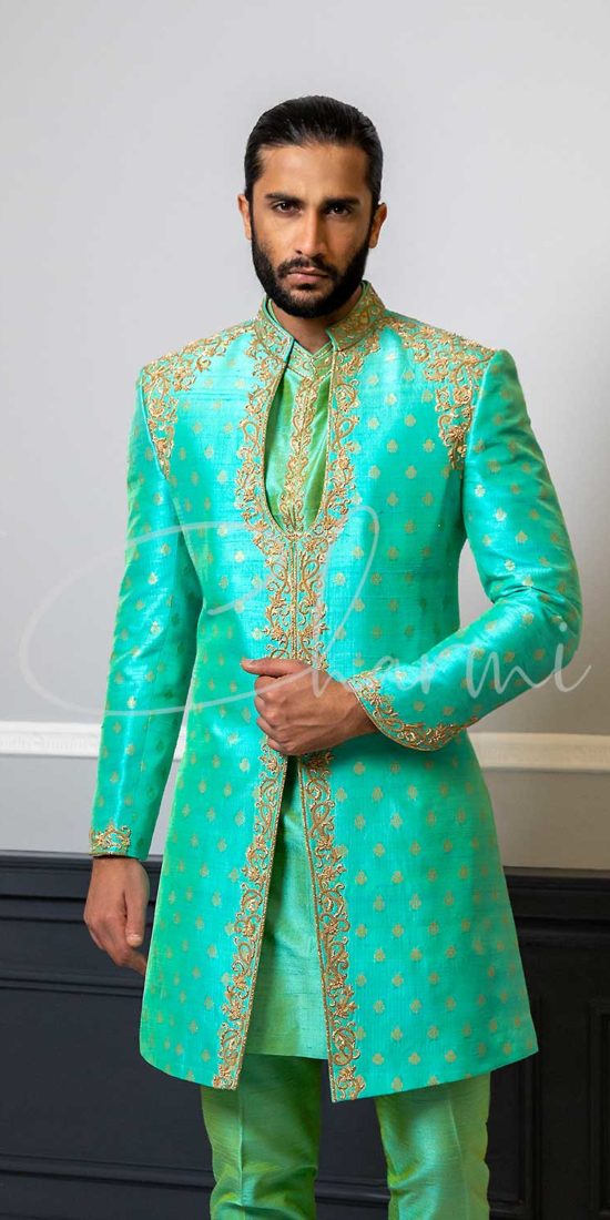Green Brocade Silk 3 Piece Mens Wedding Sherwani UK