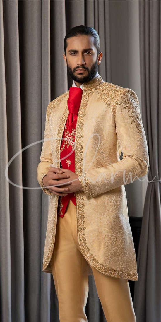 Gold Brocade 4 Piece Fusion Suit for Groom
