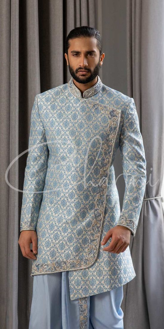 Ice Blue Silk Asymmetrical Sherwani for Men