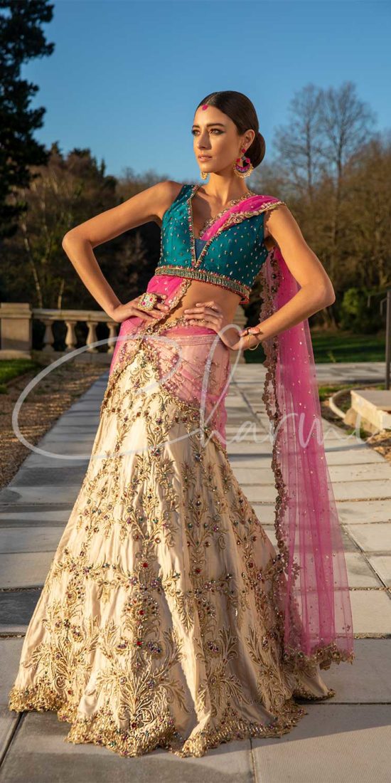 Champagne Gold Bridal Wedding Lehenga with Pink Dupatta